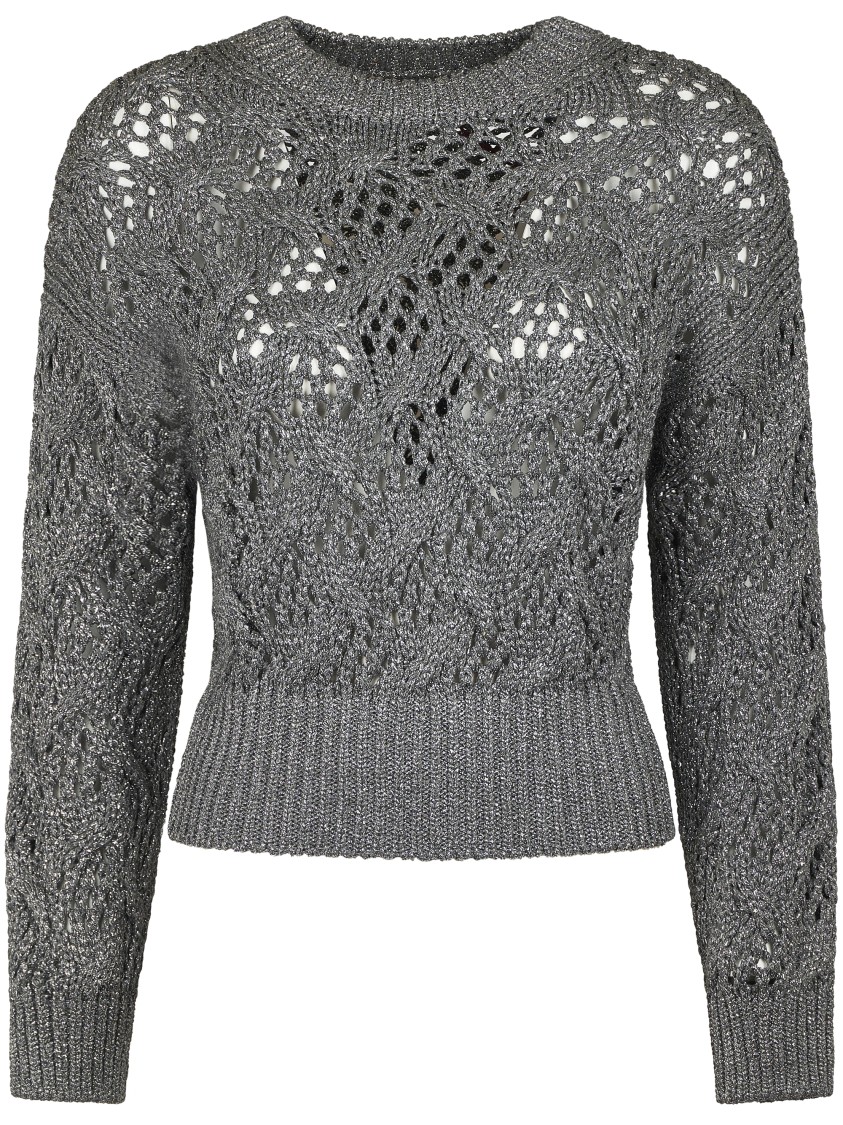 Max Mara Cropped Grey Open-knit Sweater With Metallic Finish In Gray