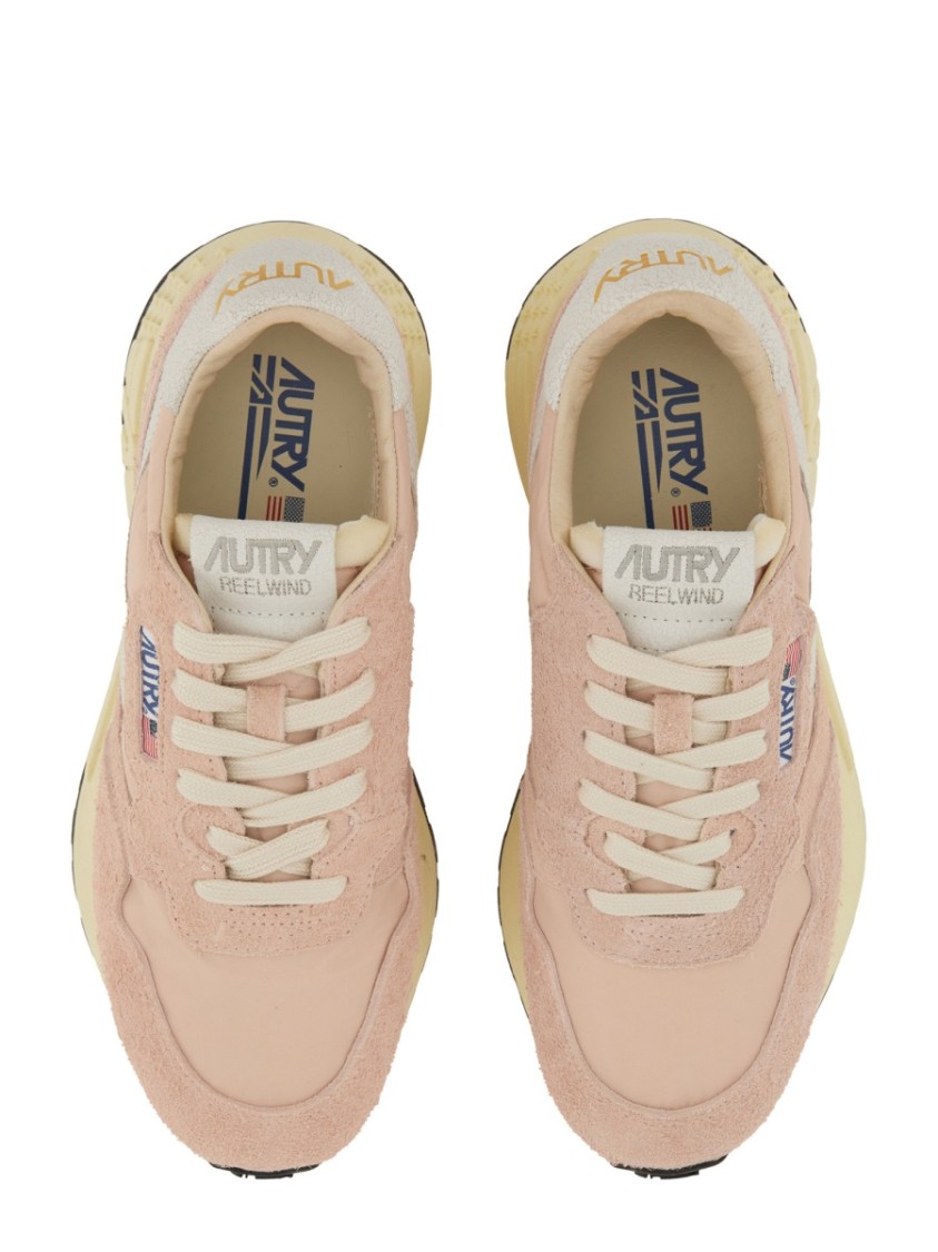 Autry Reelwind Low Nylon And Leather Craquele Pepper And White Sneakers In Pink