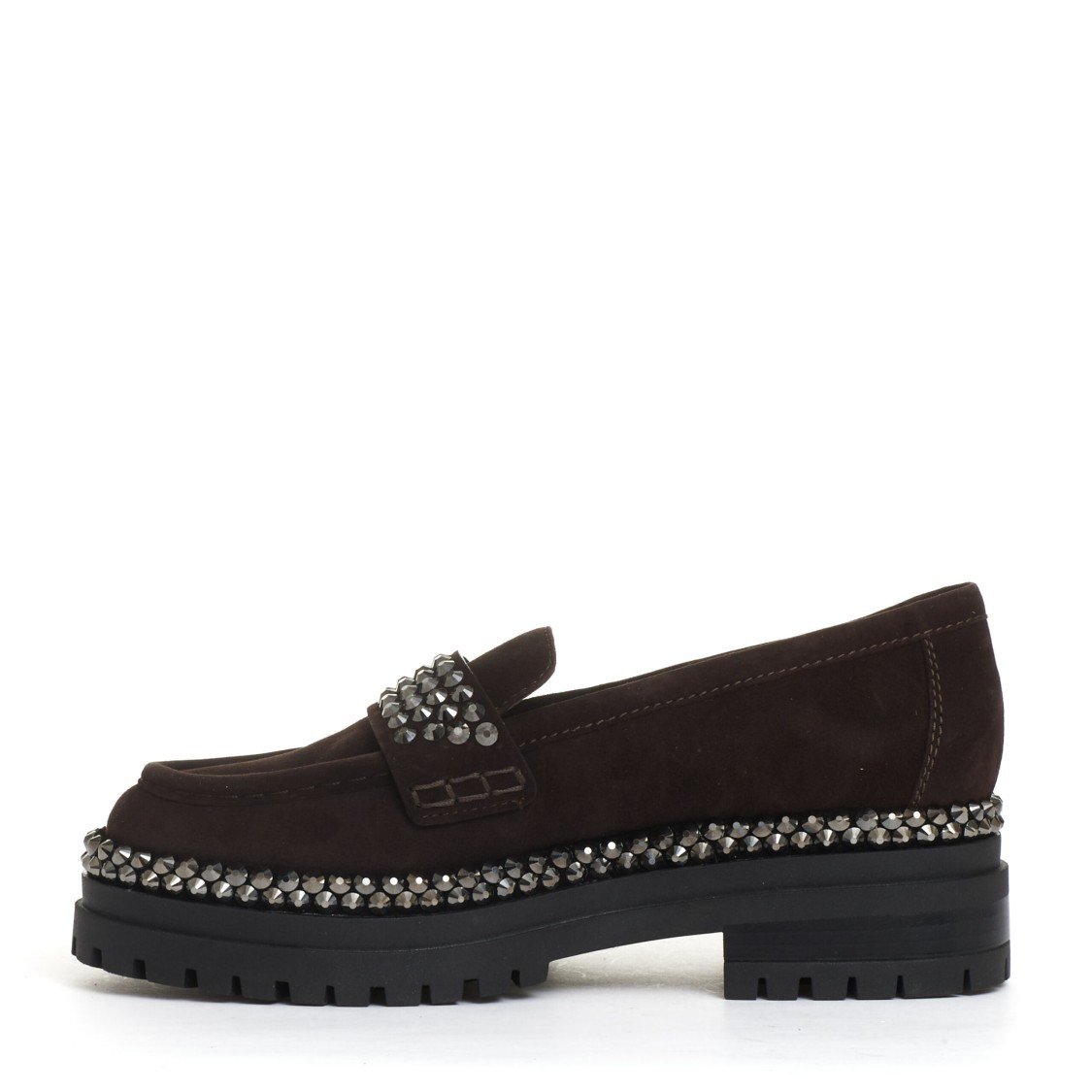 Ninalilou Ebony Suede Moccasin With Dazzling Rhinestone Buckle In Black