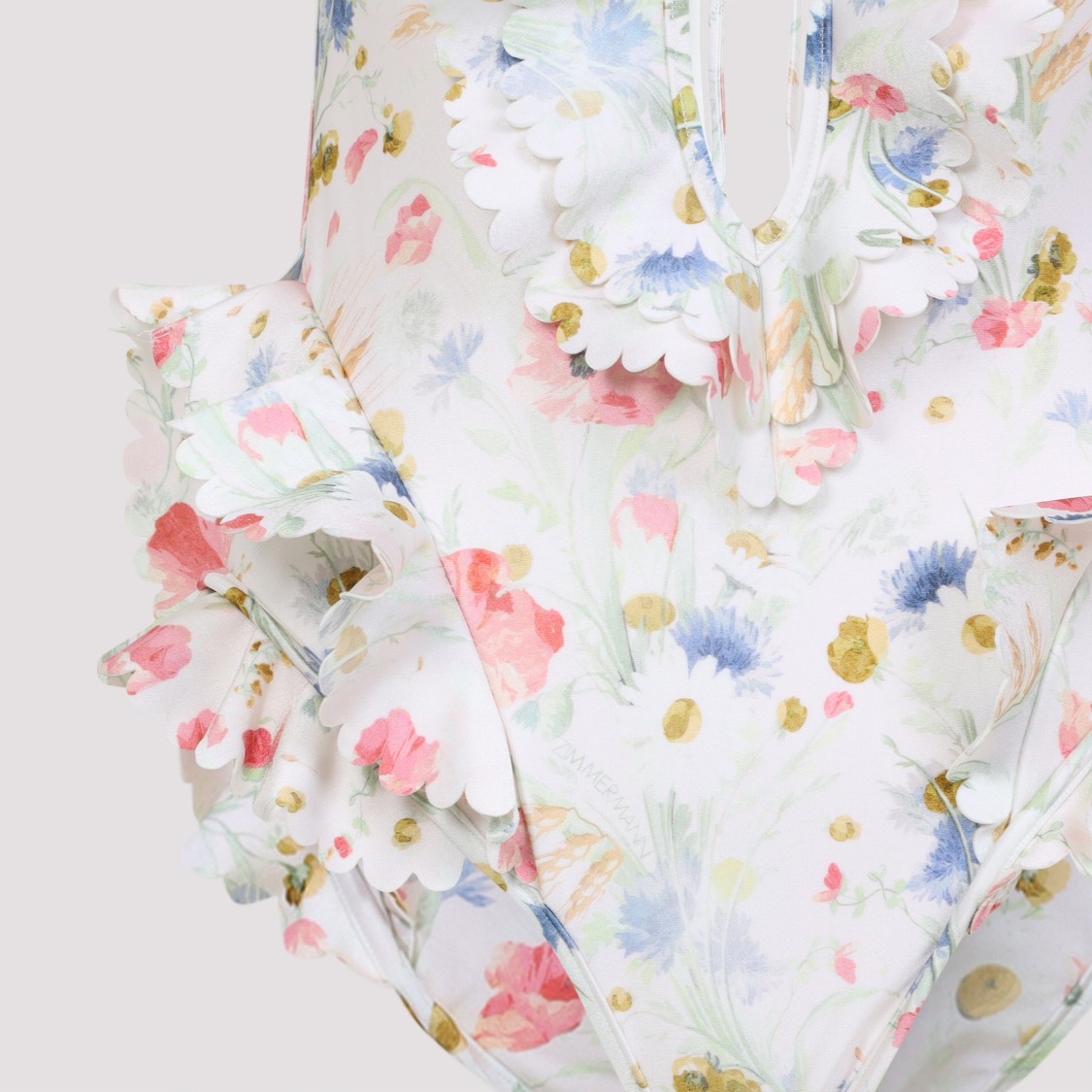 Zimmermann Multicolour Floral Swimsuit With Ruffled Edges And Adjustable Ties In Multi