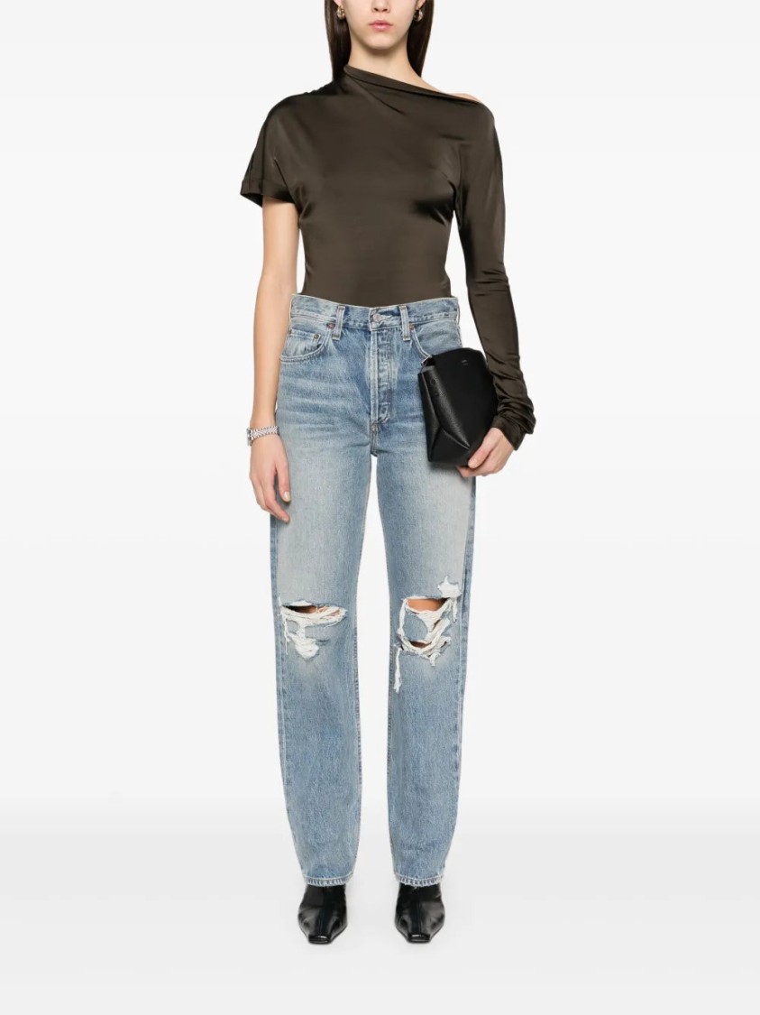 Shop Agolde Distressed Indigo Blue High-waisted Kelly Jeans