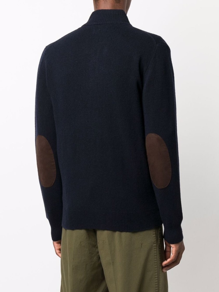 Barbour Navy Wool Zip-through Sweater With High Neck And Elbow Patches In Black