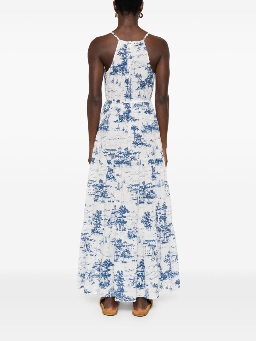 Mc2 Saint Barth Halterneck Maxi Dress With Scenic Blue And White Print In Multi