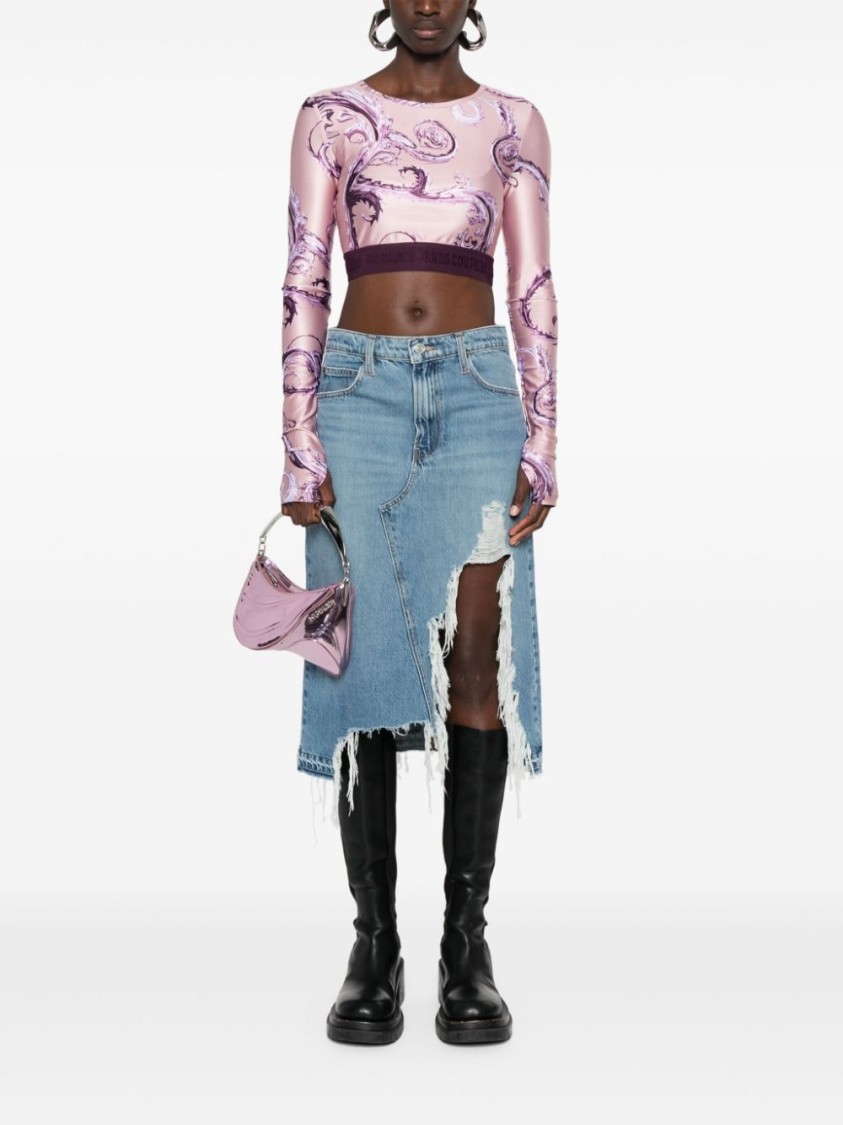 Shop Versace Jeans Couture Long Sleeve Cropped T-shirt With Glossy Finish In Pink