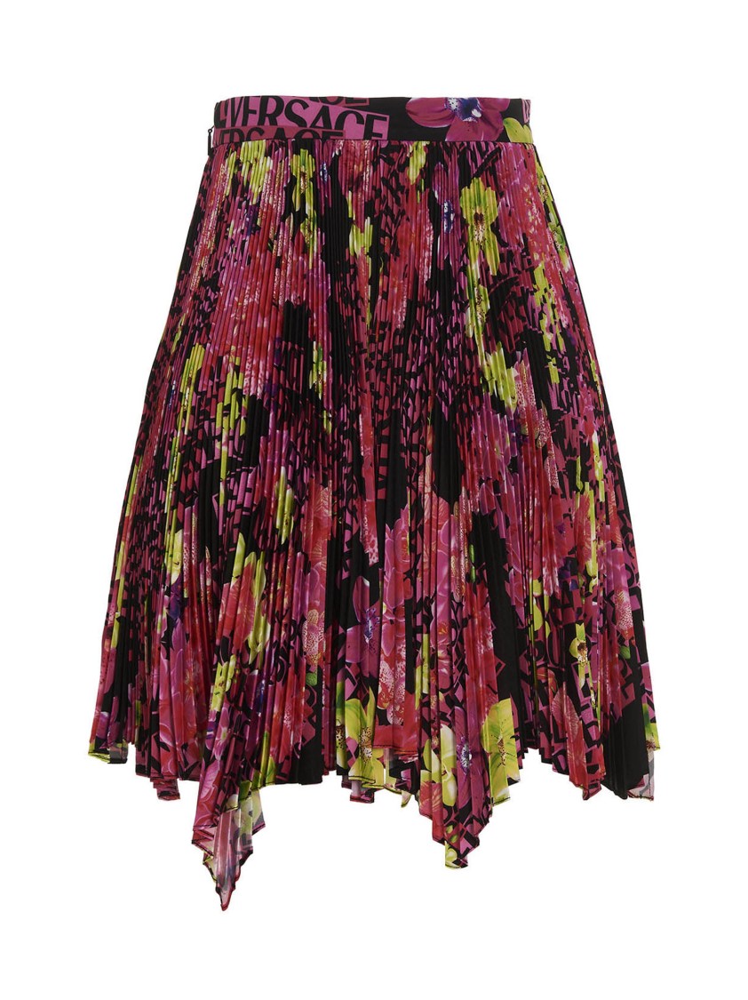 Versace Multicolor Asymmetric Pleated Mini-skirt With Logo Orchid Print In Polyester Woman In Pink