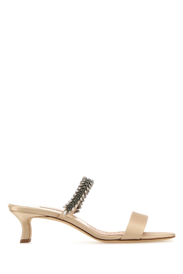 Manolo Blahnik Satin Mules Kifasan Embellished Strap Kitten Heel In Brown