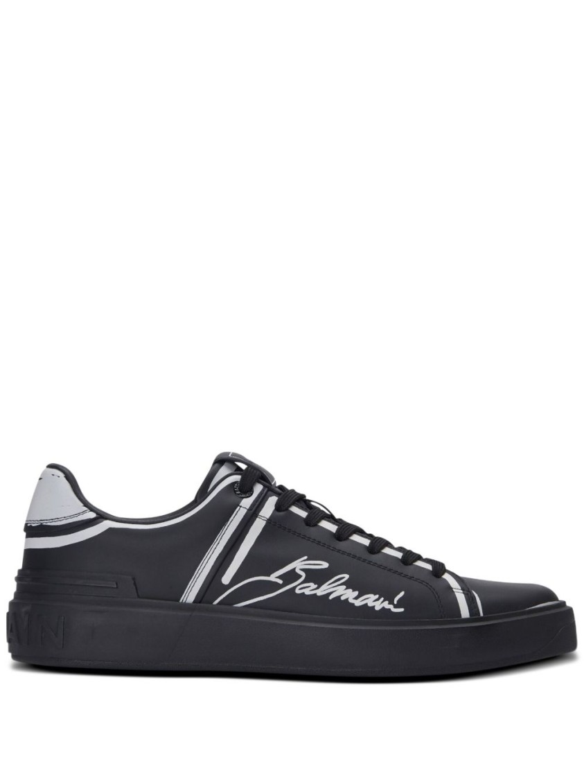 Balmain Calfskin B-court Printed Sneakers In Black