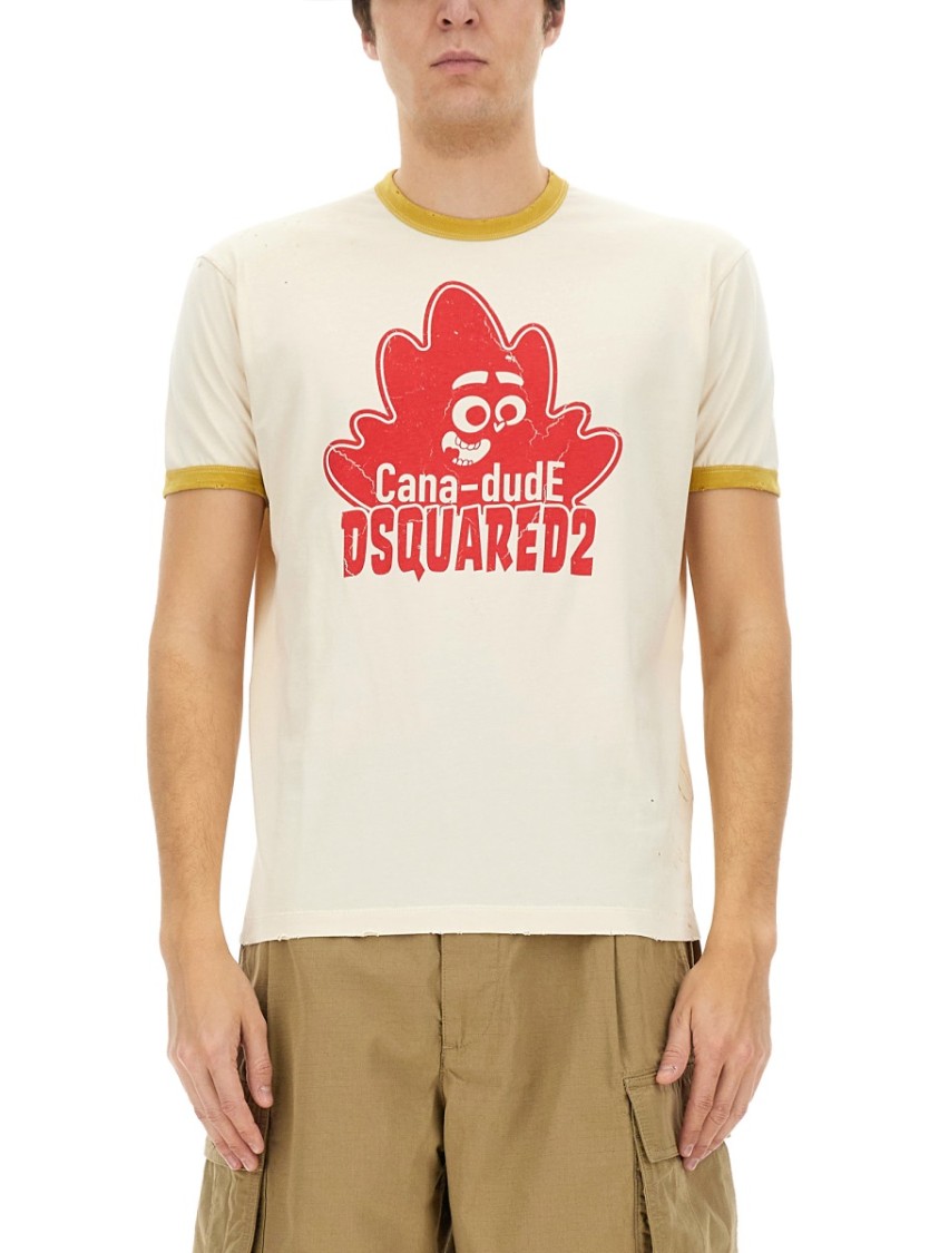 Dsquared2 Graphic Print Cotton T-shirt With Ribbed Trim In Neutrals