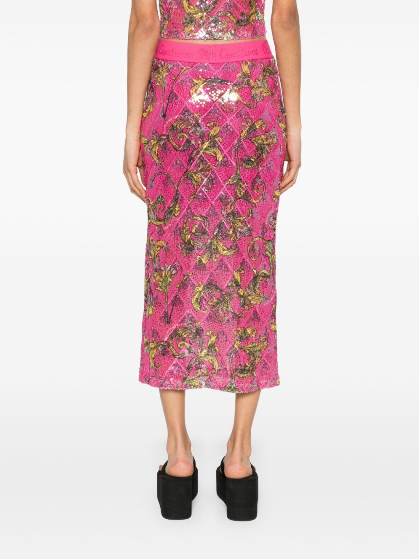 Versace Jeans Couture Fitted Floral Pattern Skirt With Sequined Detailing In Pink