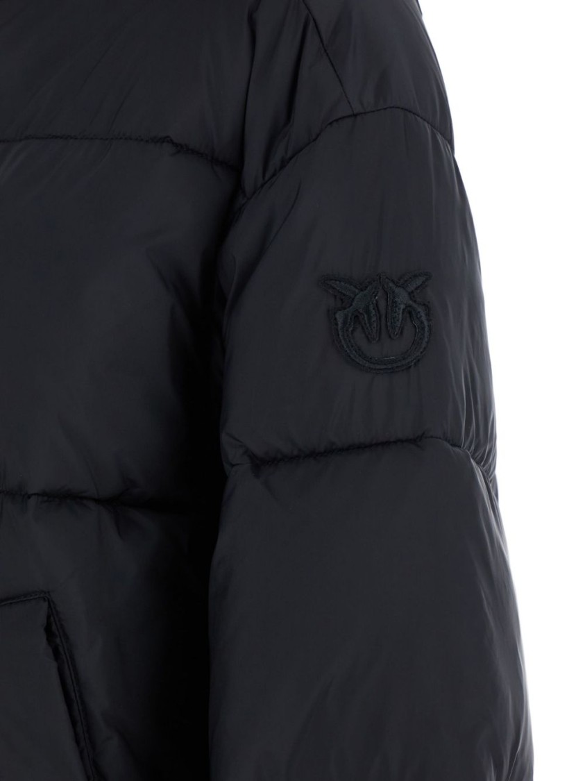 Pinko Cropped Black Coat With Hooded Neckline And Embroidered Logo In Black
