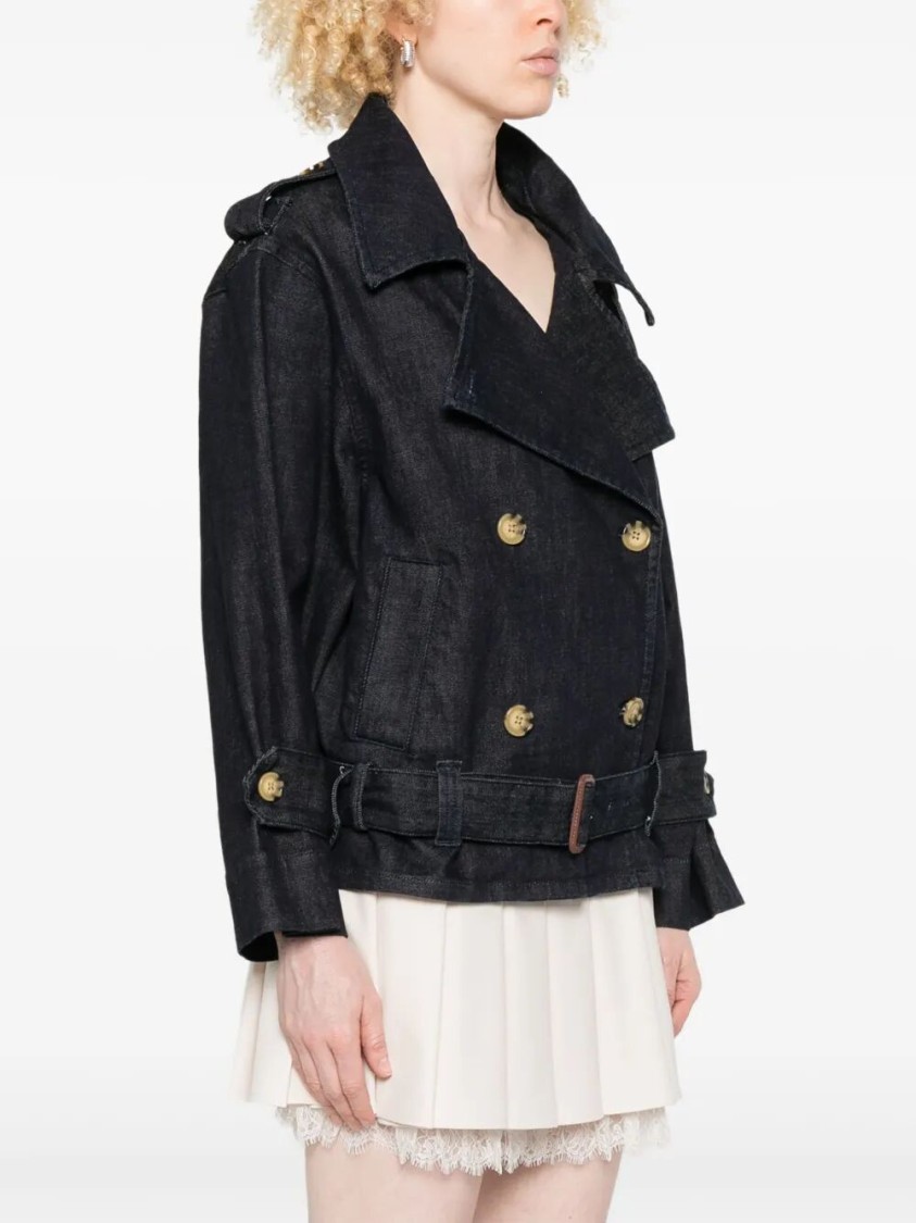 Self-portrait Double-breasted Denim Trench Jacket In Black