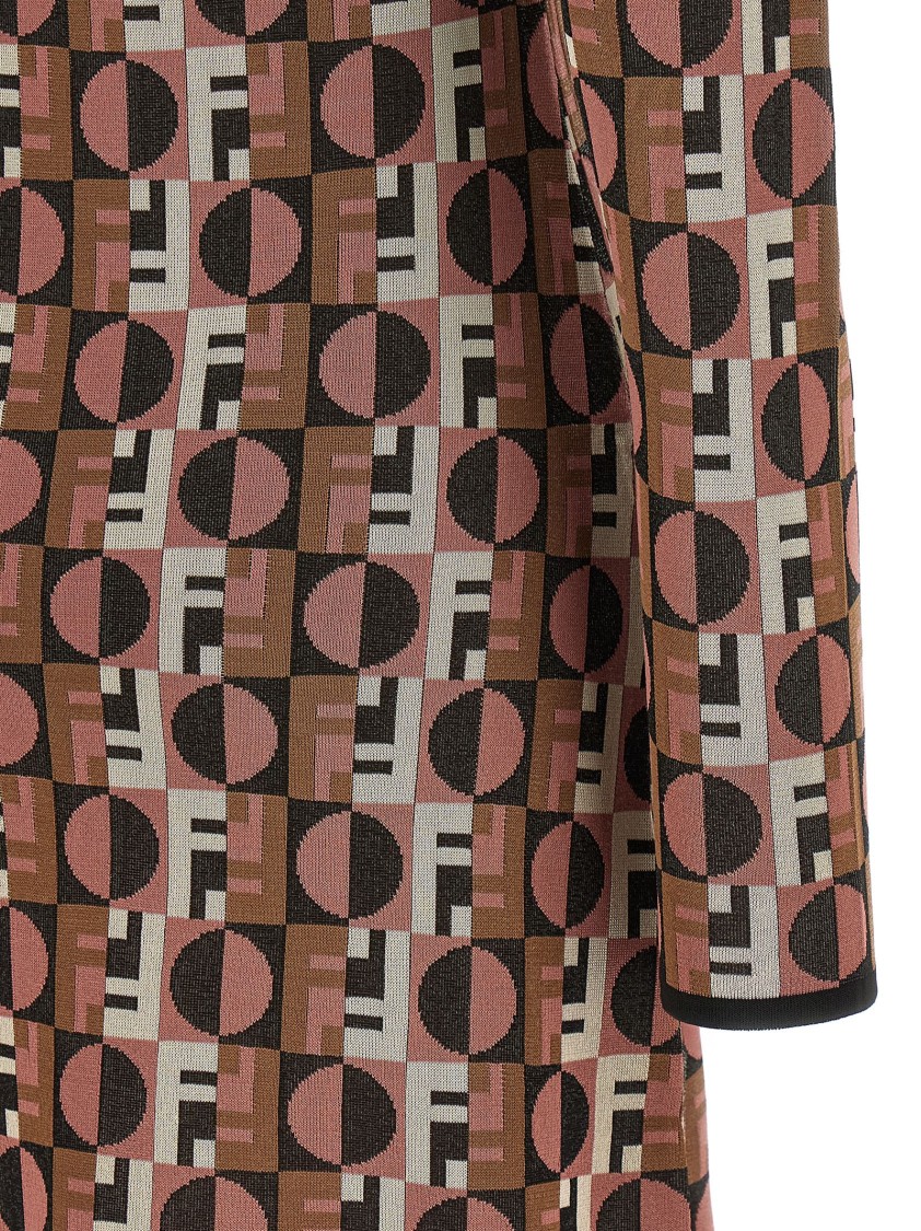 Fendi Shiny Jacquard Viscose Mini Dress With Geometric Pattern In Brown