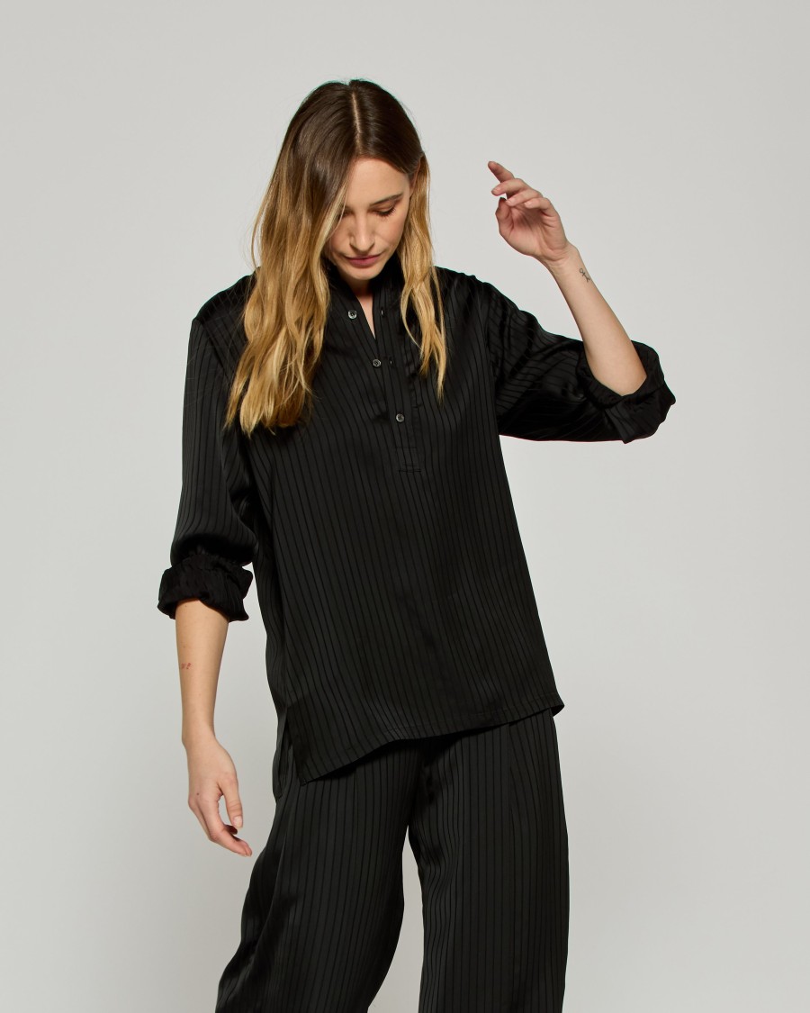 Serena Bute Satin Stripe George Shirt - Black In Black