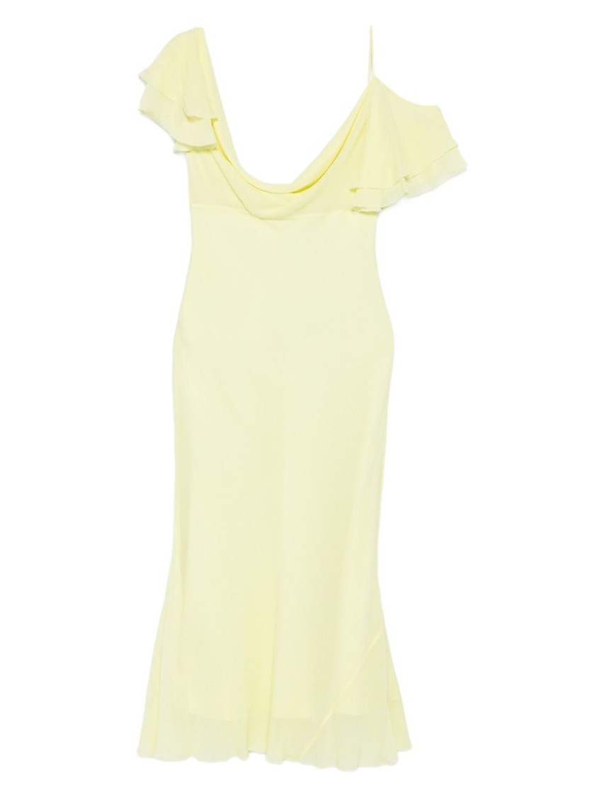 Self-portrait Light Yellow Ruffled Midi Dress With Draped Neckline In Yellow