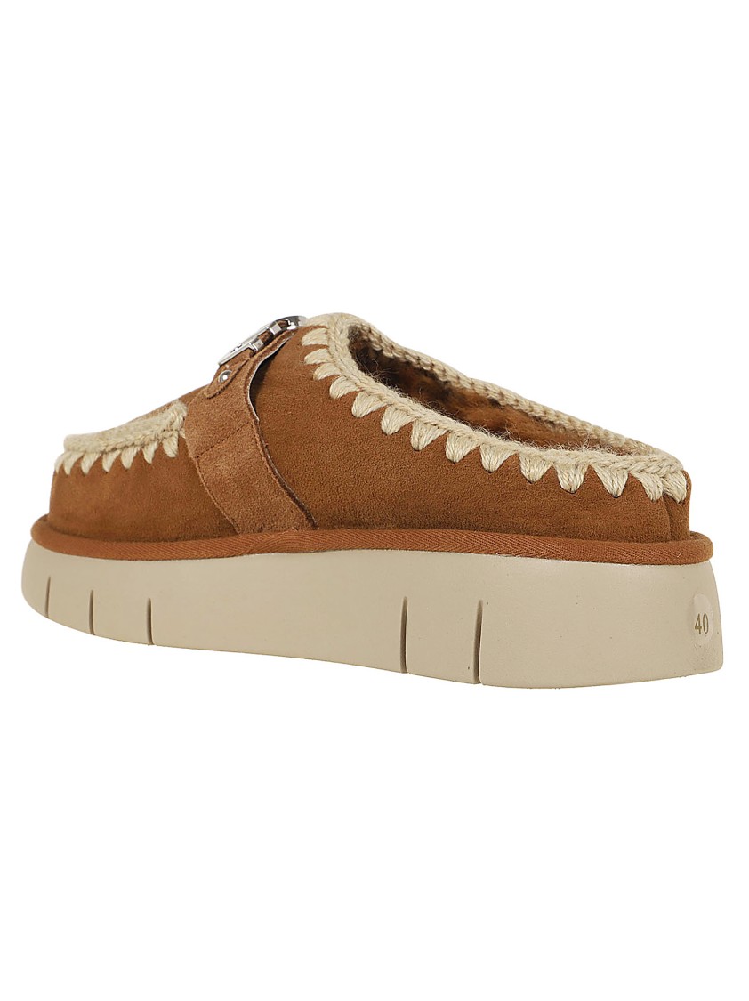 Mou Logo-lettering Crochet-trim Suede Mules In Brown