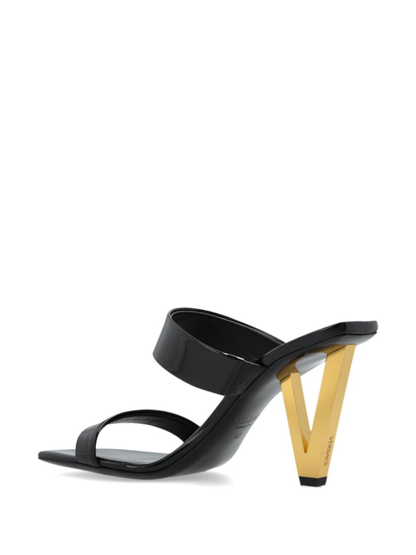Shop Versace Patent Leather Mules With Galvanized V-shaped Heel In Black