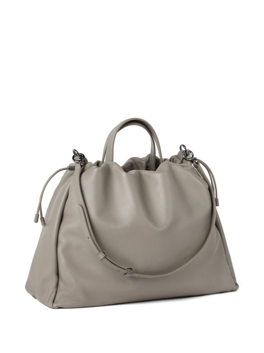 Shop Brunello Cucinelli Gathered Light Grey Calf Leather Bag With Monili Chain Detail