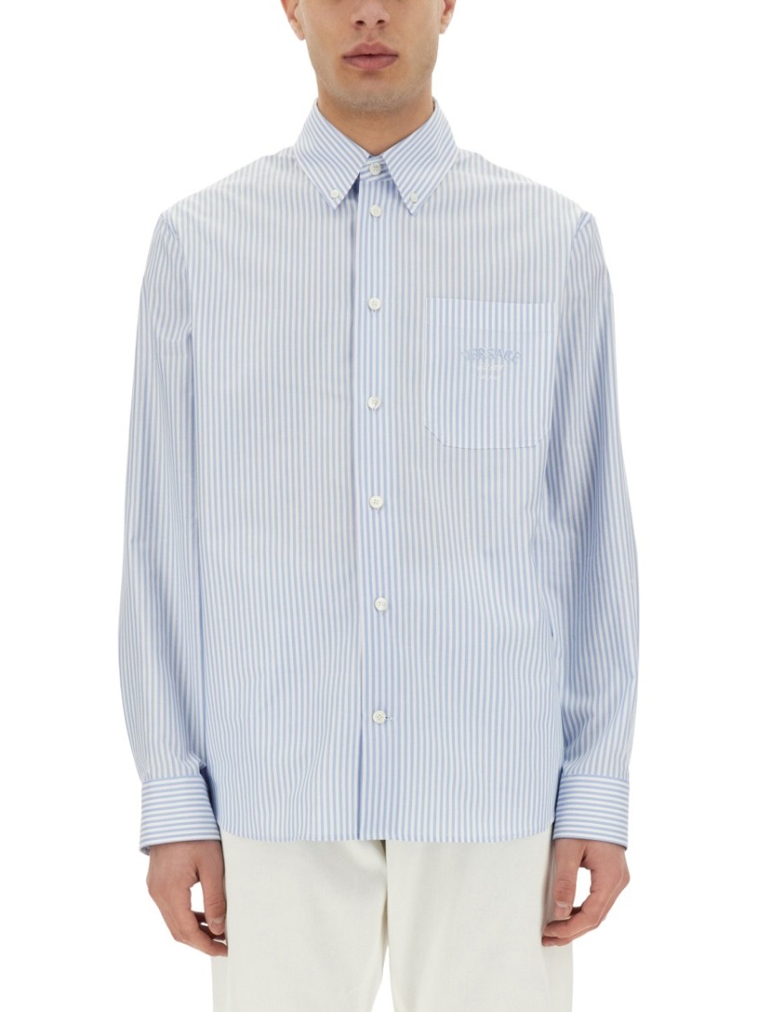 VERSACE VERSACE STRIPED SHIRT WITH SILK PRINTED INSERT