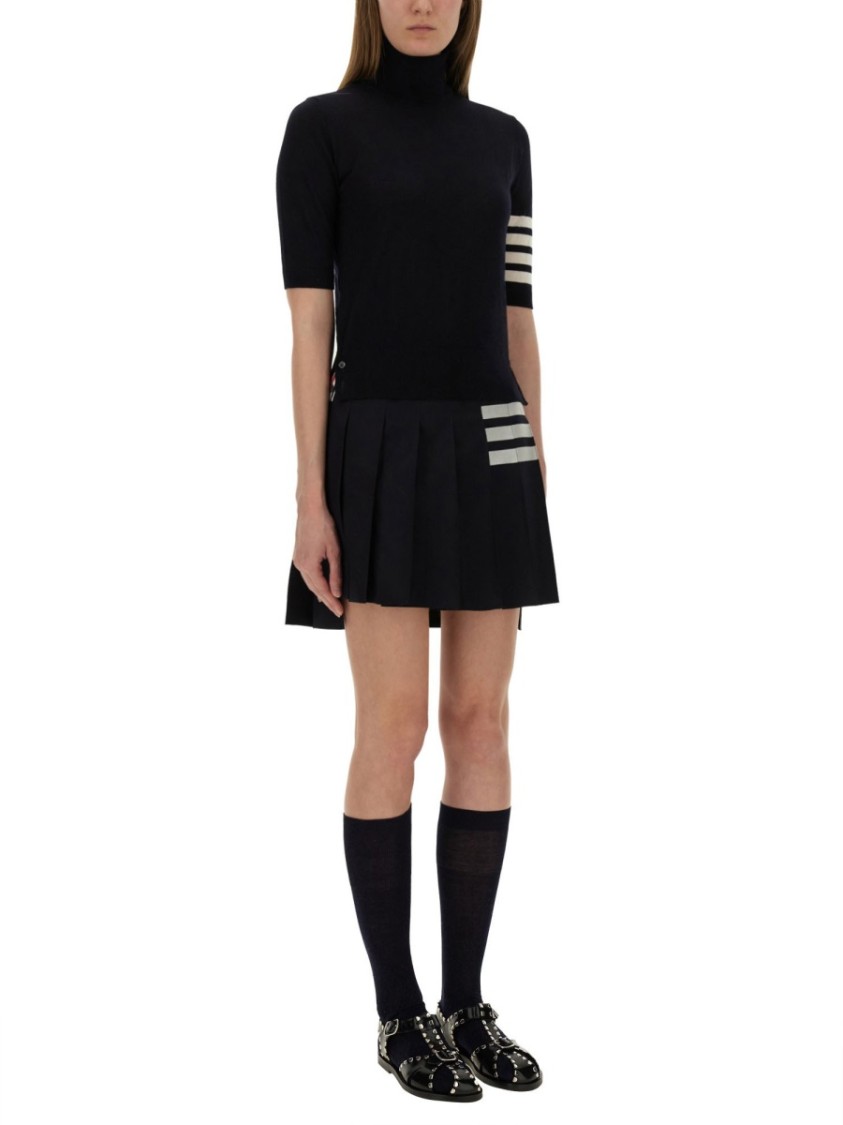 Thom Browne Black Short Sleeve Sweater With 4-bar Detail In Wool Woman