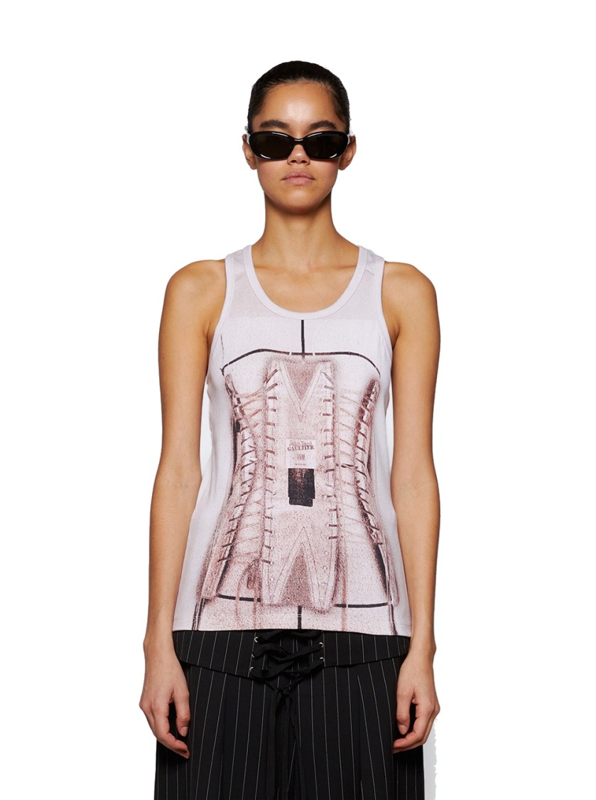 Shop Jean Paul Gaultier Cotton Ribbed Corset Trompe-l'œil Tank Top Dusty Pink