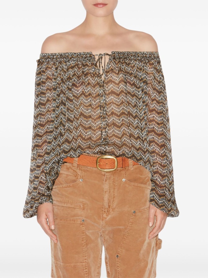 Isabel Marant Étoile Off-the-shoulder Blouse With Voluminous Sleeves And Zigzag Pattern In Brown