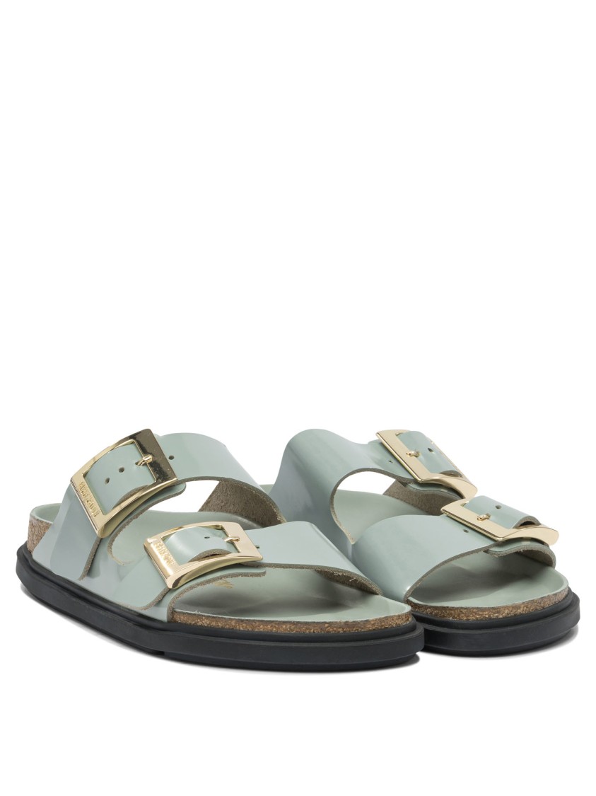 Birkenstock Contoured Leather Sandals With Adjustable Metallic Buckles In Gray