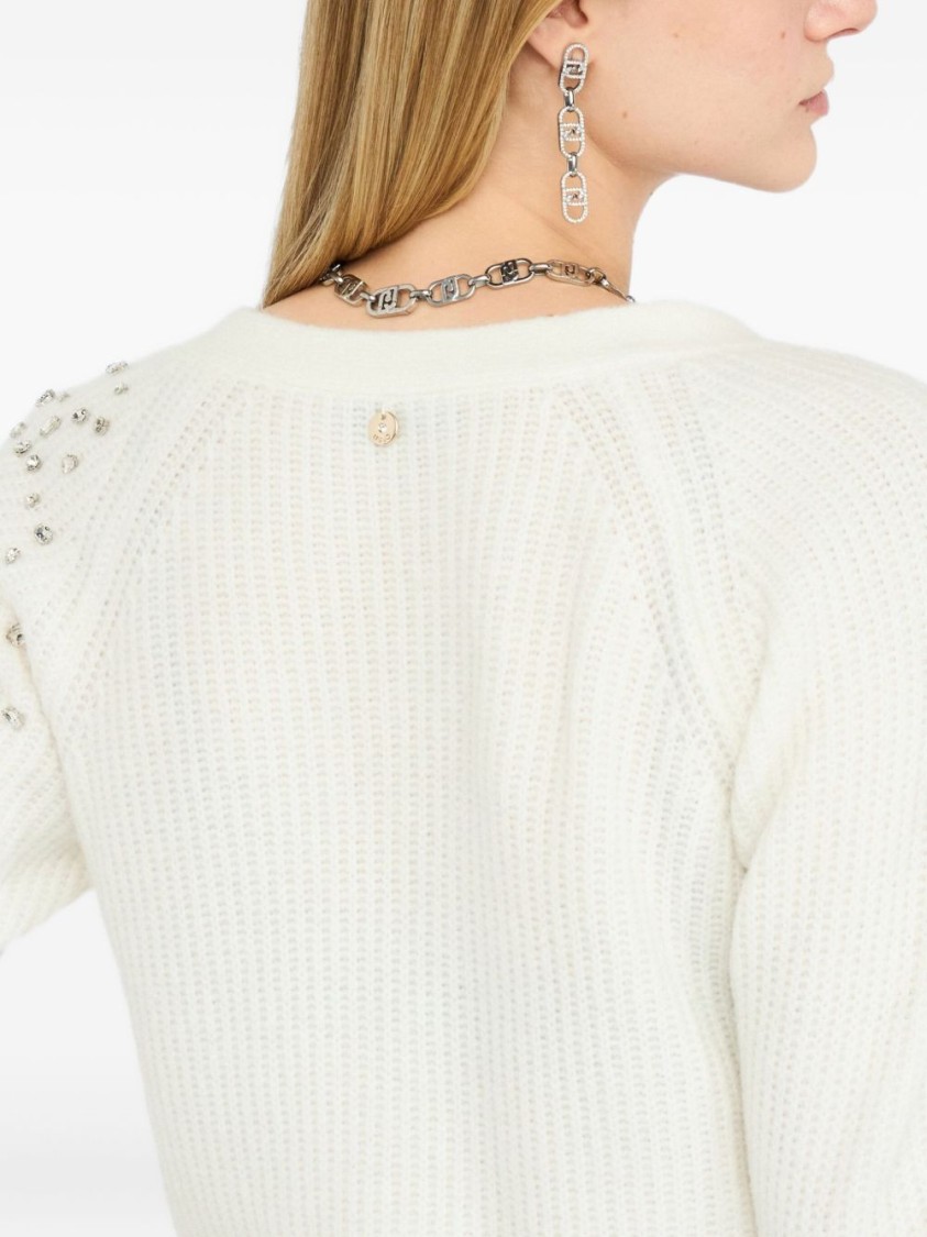 Liu •jo Liu Jo Textured White Sweater With Deep V-neckline And Embellished Shoulder In White