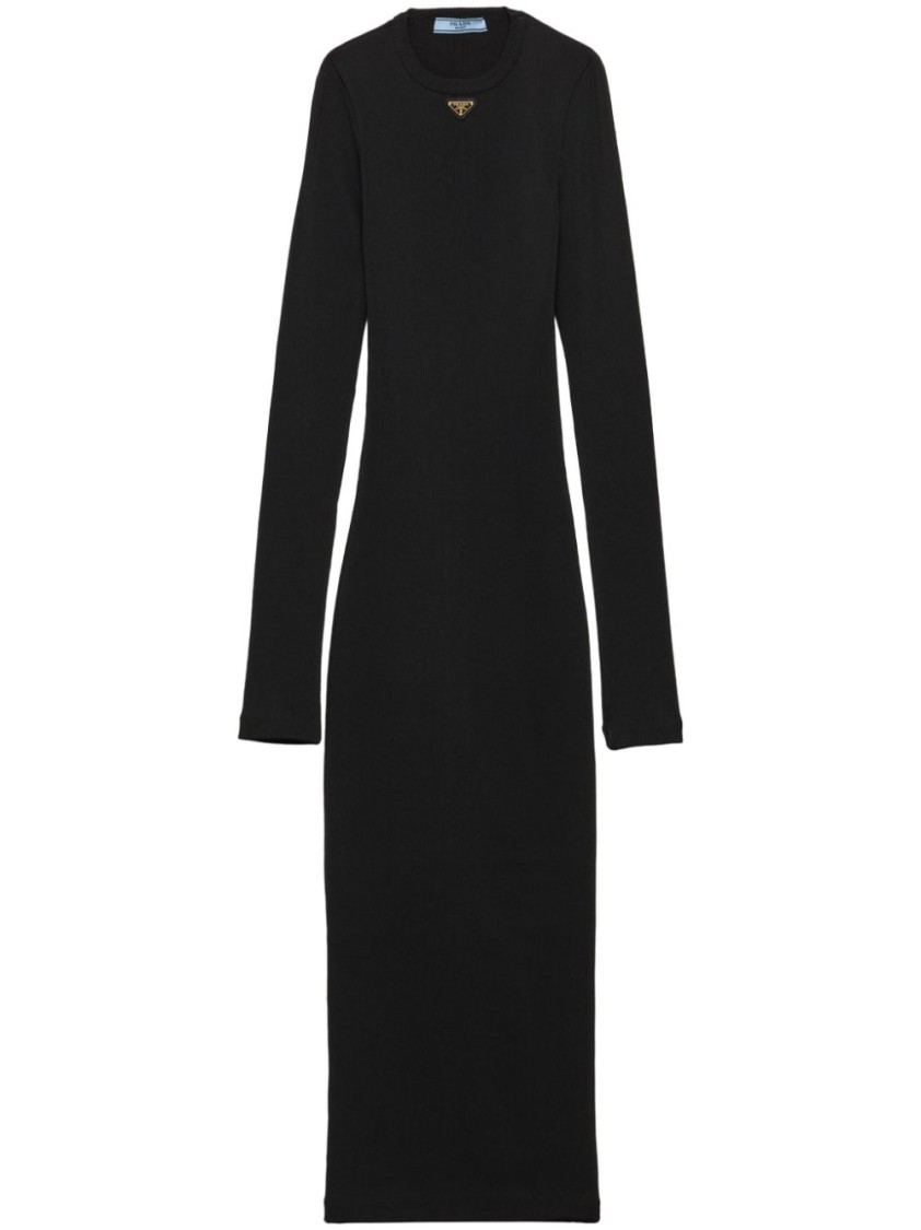Prada Ribbed Knit Jersey Dress In Black
