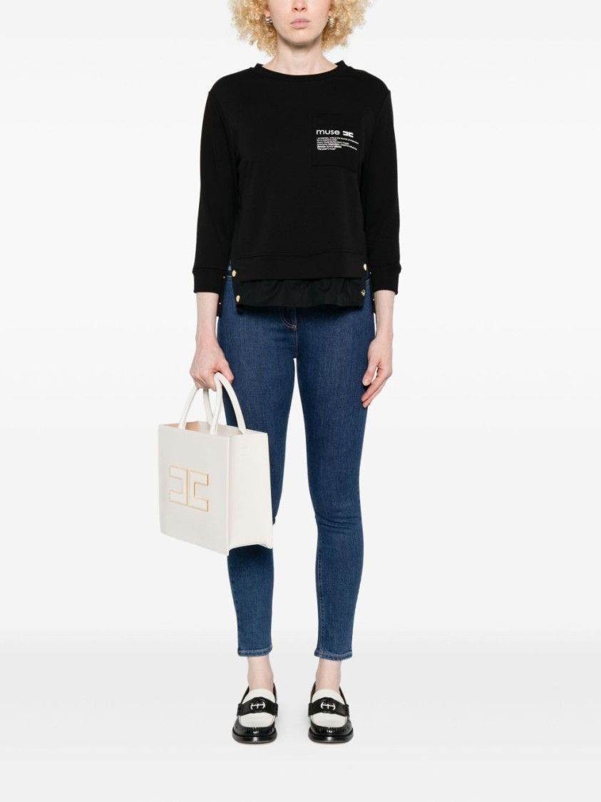 Elisabetta Franchi Layered Black Sweater With Ruffled Hem In Black