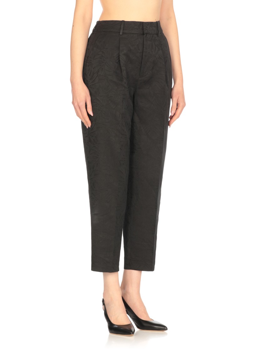 Pt Torino Palazzo Pants In Black Linen And Cotton With Floral Pattern