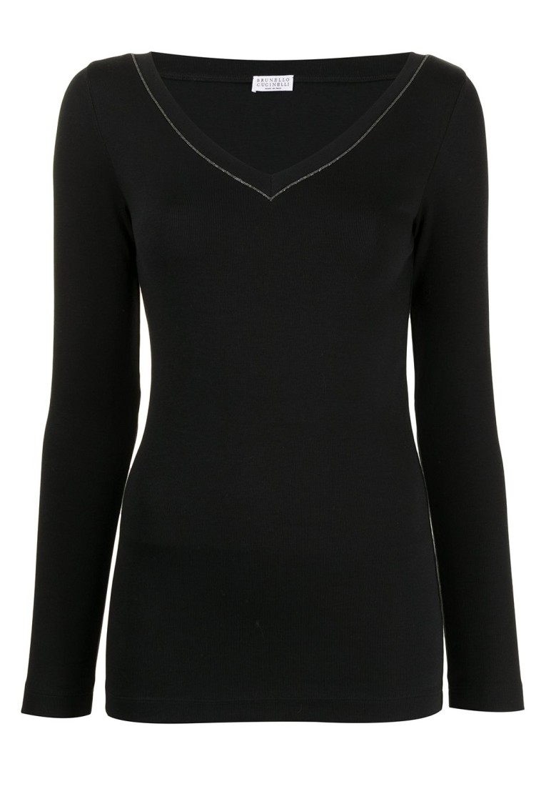 Brunello Cucinelli Black V-neck Pullover With Beads Detailing In Brown