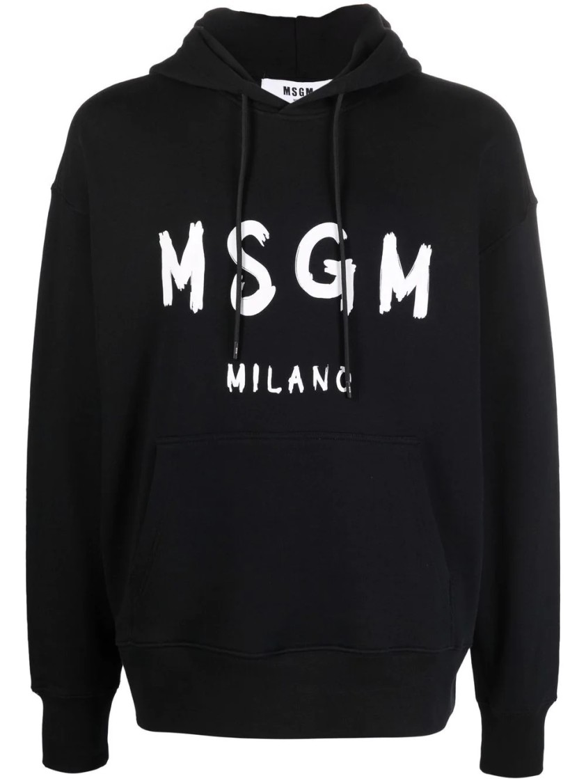 Msgm Logo Print Cotton Hoodie In Black