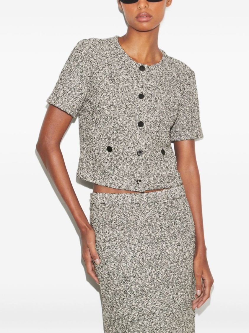 Tory Burch Speckled Tweed Knitwear With Button Front And Practical Pockets In Gray