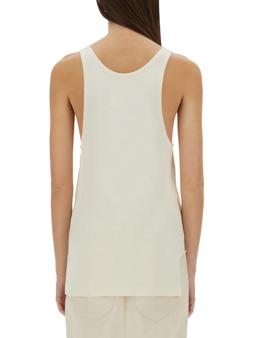 Maison Margiela Beige Top With Wide Neckline And Logo Printed On The Front In Viscose And Cotton Blend Woman