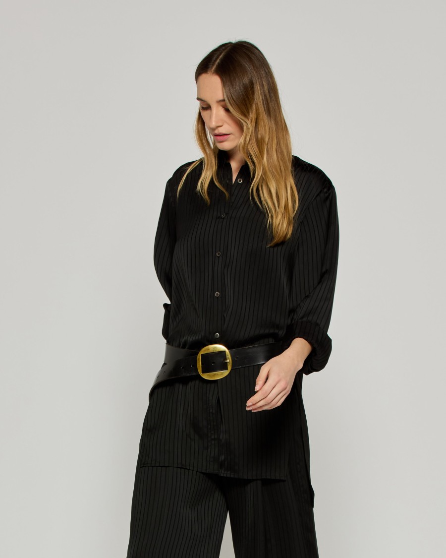 Serena Bute Wool Pinstripe Boyfriend Shirt - Black/pink In Black