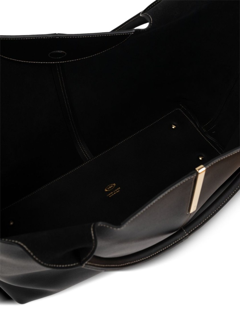 Tod's Black Shopper With Two Top Handles And Metal Bar With Logo In Leather Woman In Black