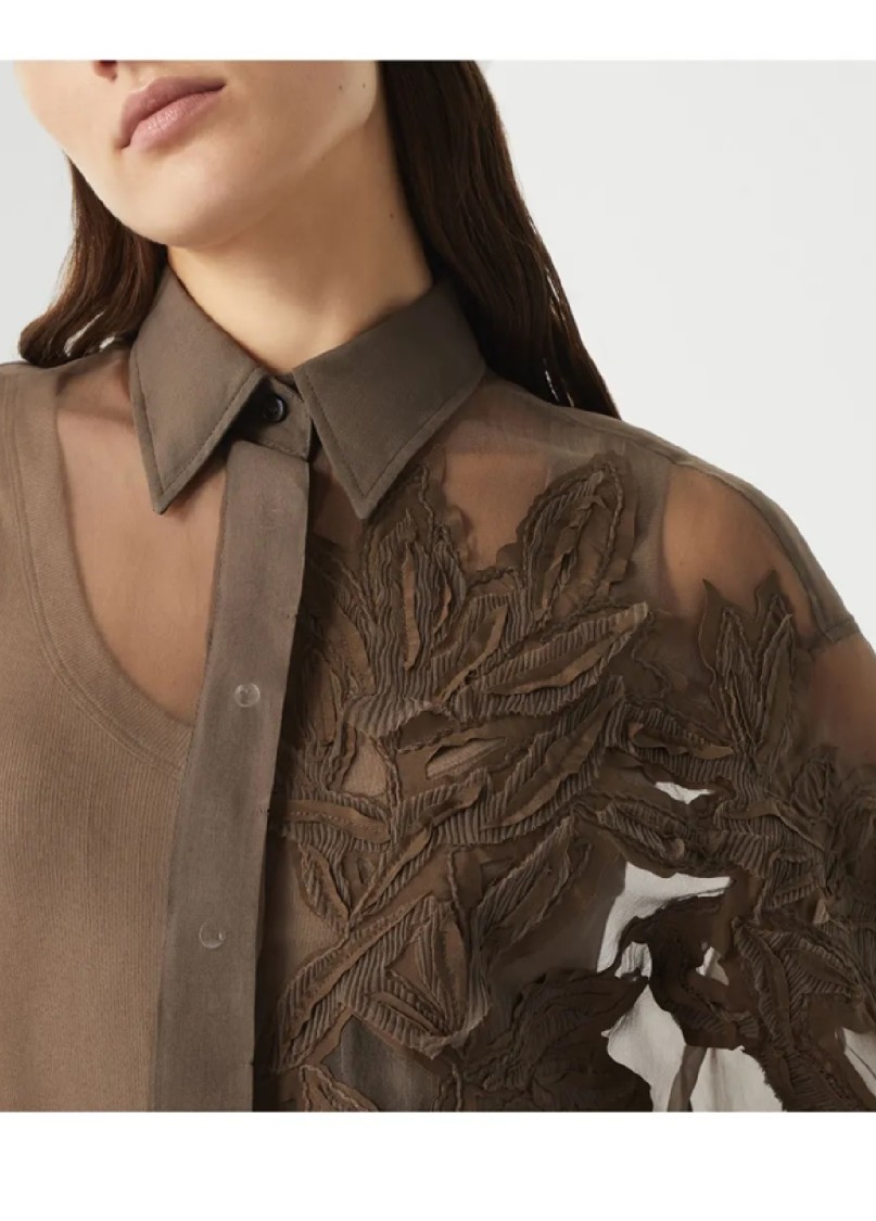 Brunello Cucinelli Brown Shirt With Semi-transparent Design And Embroidery On The Front In Silk Woman In Brown
