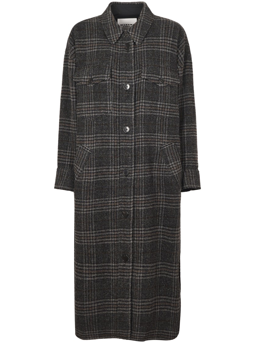 Isabel Marant Étoile Plaid Pattern Grey Coat With Relaxed Fit And Functional Pockets In Black
