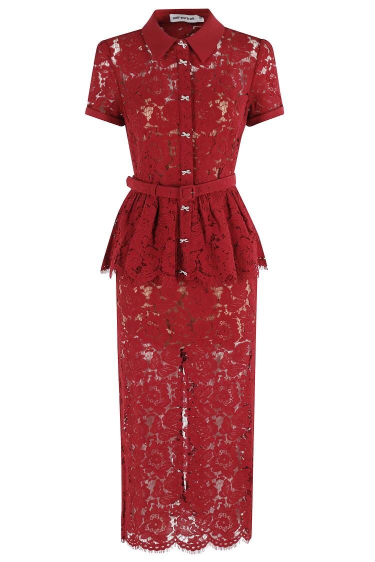 Self-portrait Bordeaux Lace Peplum Midi Dress In Burgundy
