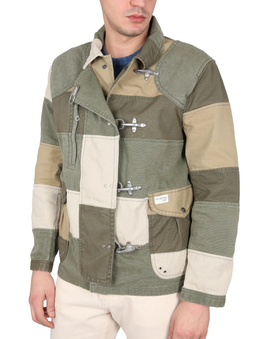 Fay Khaki Green Patchwork Jacket With Buckles In Cotton Man