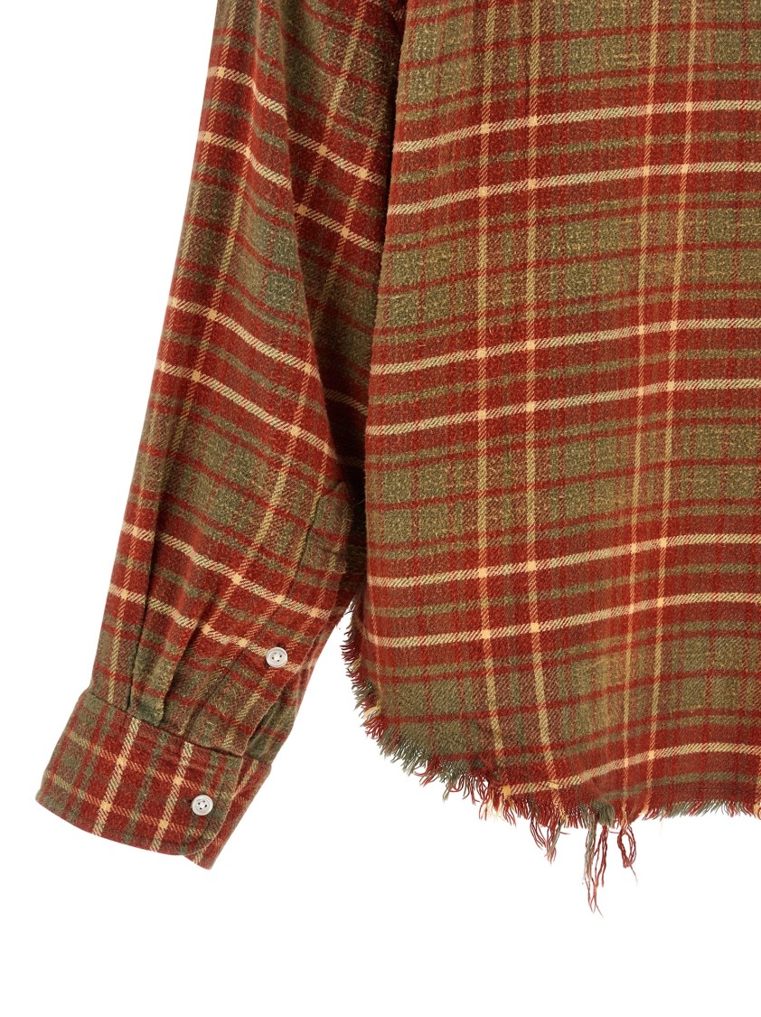 R13 Cropped Check Print Cotton Shirt With Fringed Asymmetric Hem In Brown