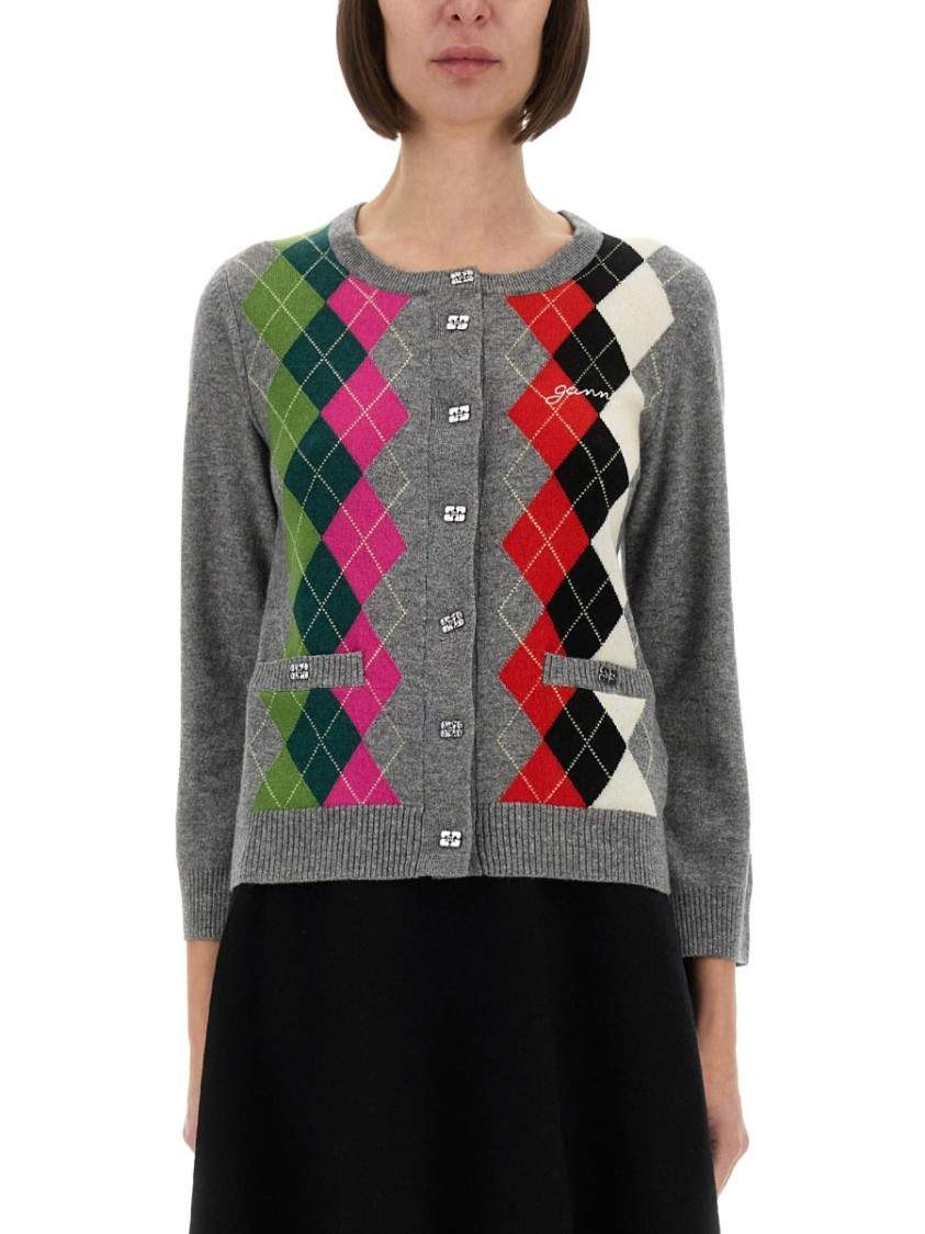 Ganni Womens Paloma Melange Rhombus-print Round-neck Wool And Cashmere Cardigan