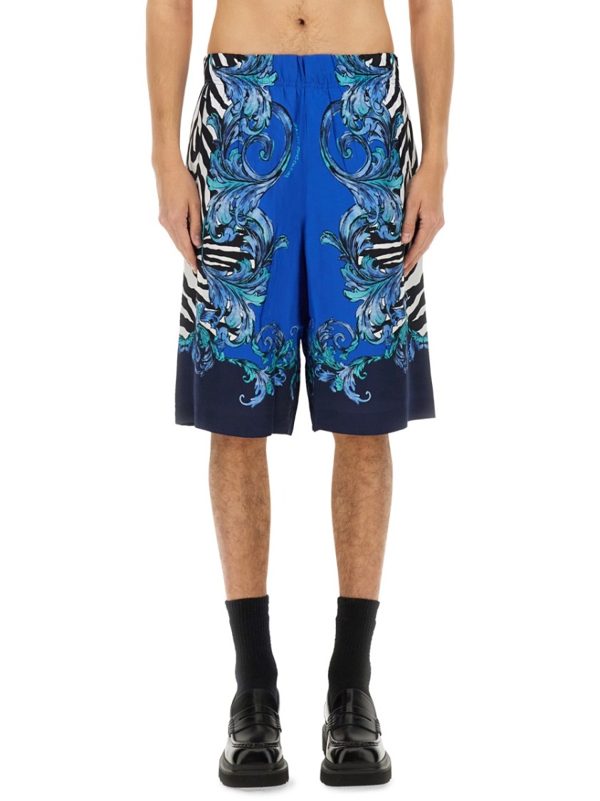 Shop Versace Jeans Couture Blue Viscose Shorts With Intricate Patterns