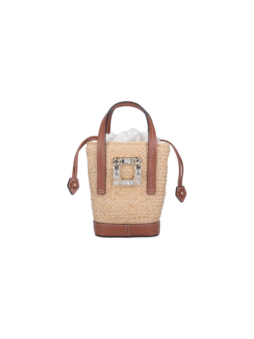 Roger Vivier Mini Shoulder Bag With Raffia Body In Neutral