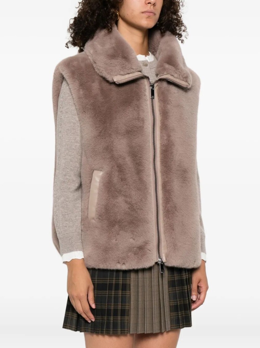 Pinko High Collar Faux Fur Vest In Beige In Neutral