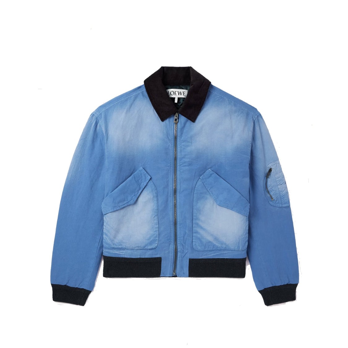 Loewe Blue Washed Effect Zipped Cotton Bomber Jacket In Blue