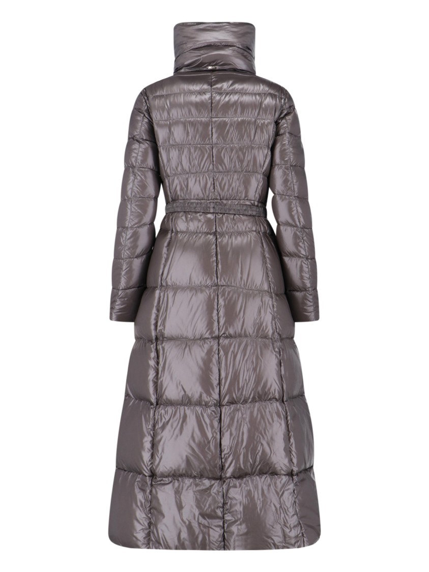 Herno Belted High Collar Long Quilted Shiny Jacket In Gray