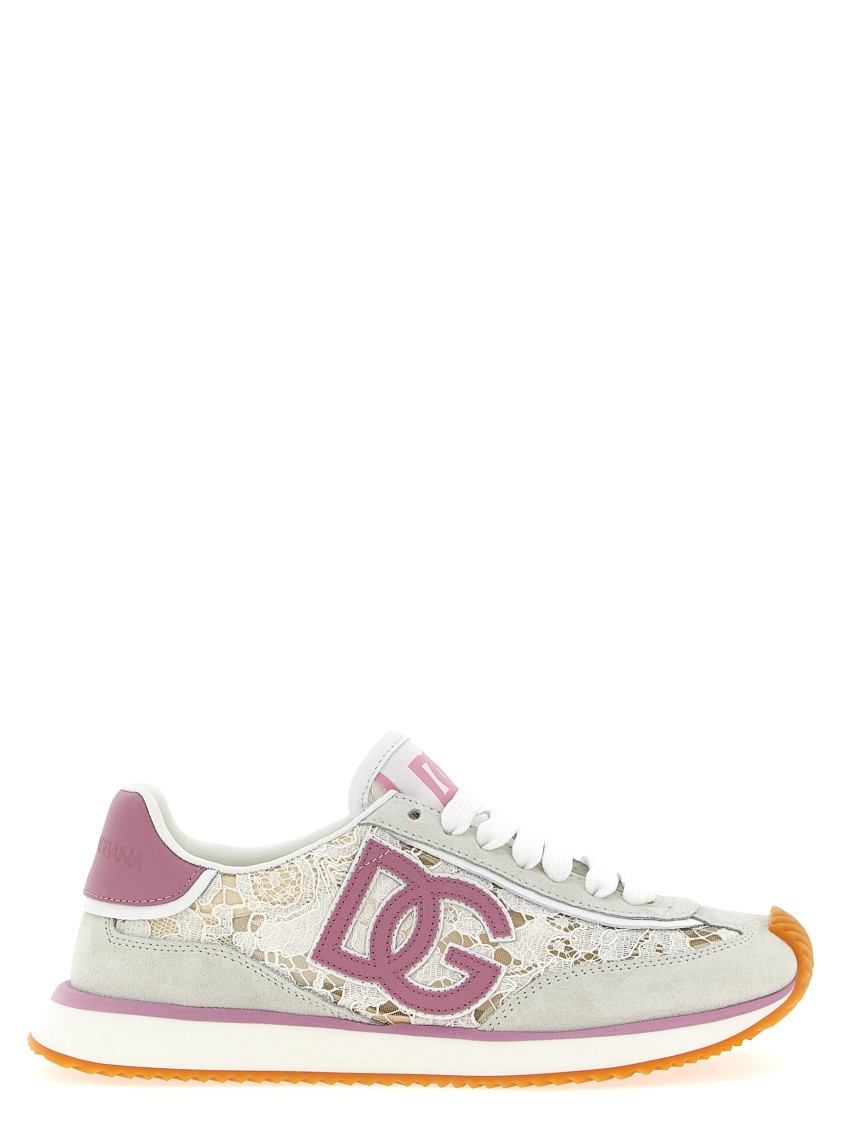 Dolce & Gabbana White Low Top With Lace Details And Dg Patch On The Side In Pink