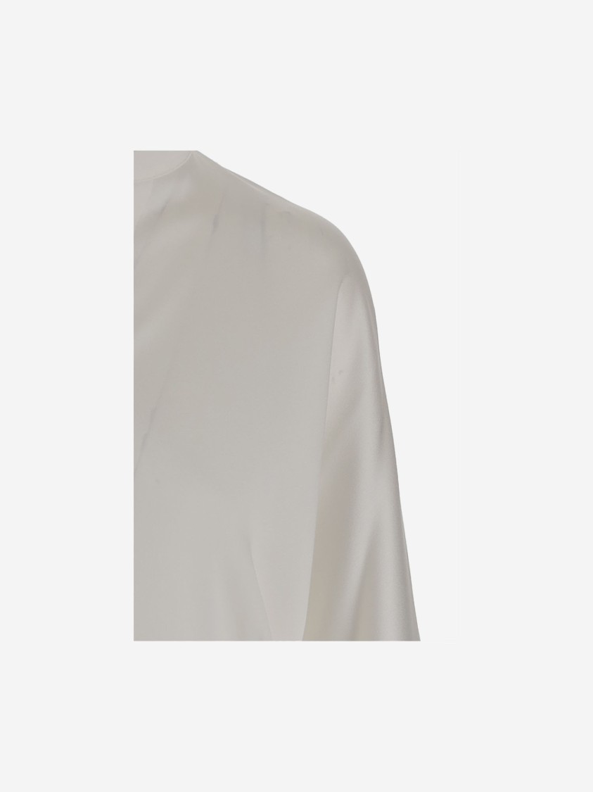 Vince Silk Satin Blouse With V-neck And Asymmetrical Hem In Neutral