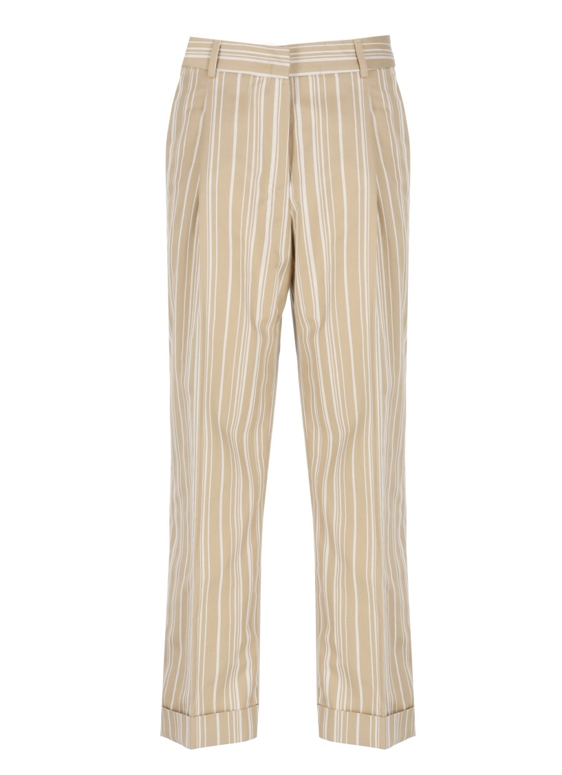 Pt Torino Beige Cotton And Linen Cropped Pants In Neutrals